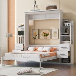 Queen Size Murphy Wall Bed With Shelves, Drawers And LED Lights - White
