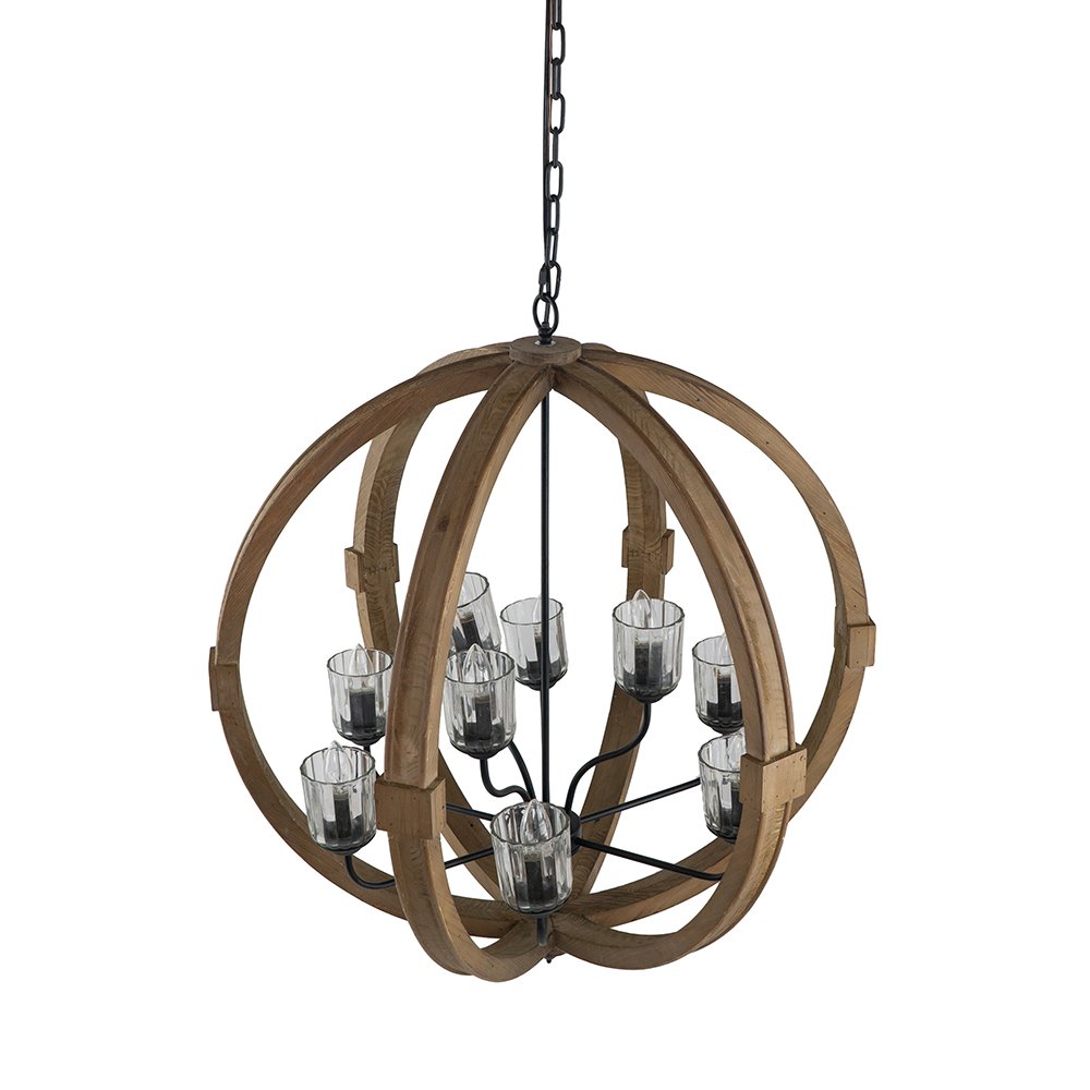 9 Light Globe Chandelier, Wood Chandelier Hanging Light Fixture With Adjustable Chain For Kitchen, Bulb Not Included - Brown - Image 8