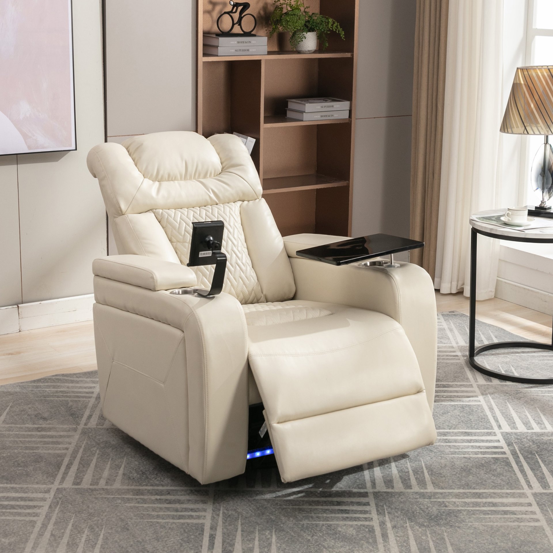 Home Theater Recliner With 270 Degree Swivel, Power Recliner With Tray Table, Phone Holder, Cup Holder, USB Port - White - Image 10