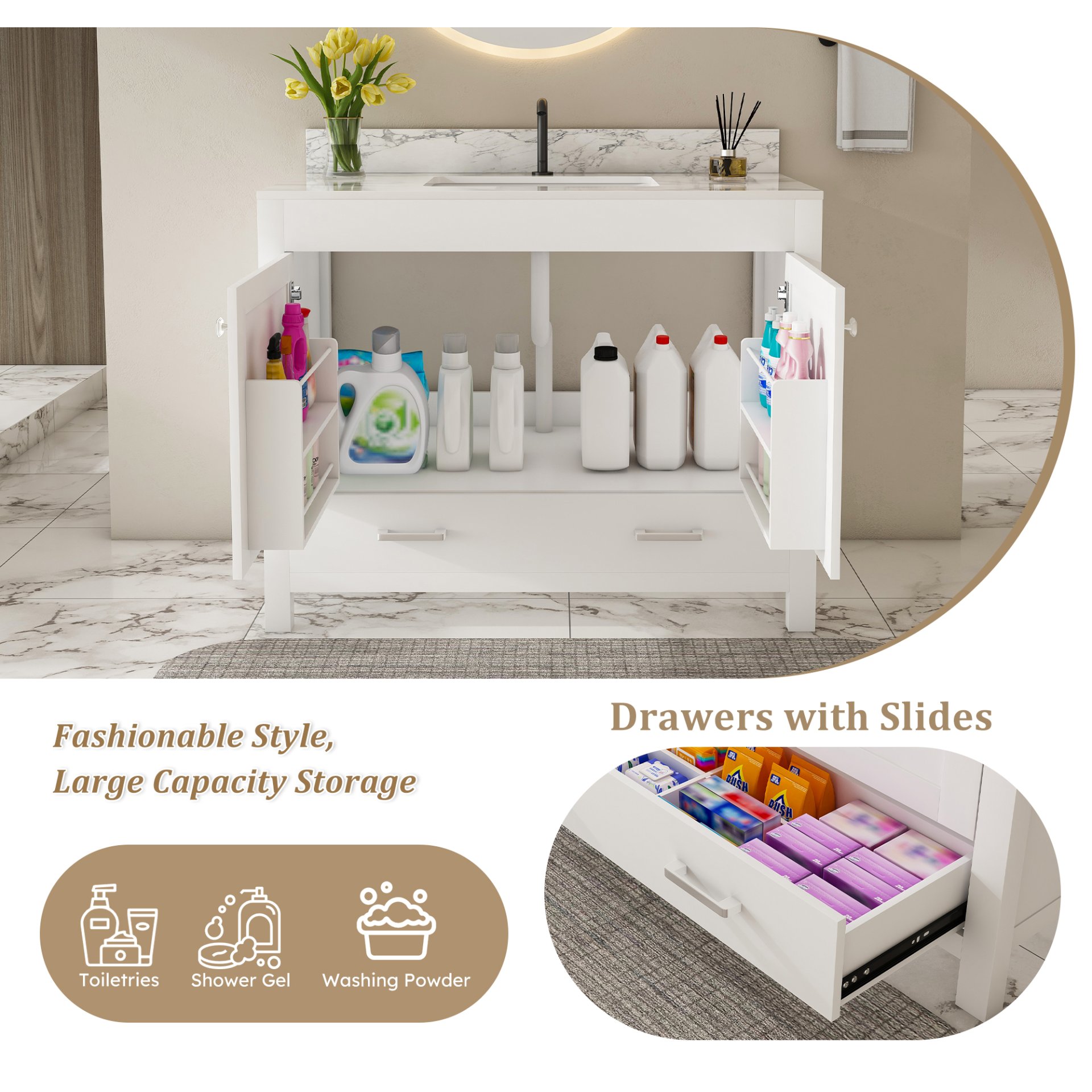 43" Bathroom Vanity, Multi Functional Cabinet - White - Image 7