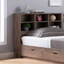 Full Bookcase Headboard 6 Shelves 3 Shelves Adjustable Top Panel Rounded Corners - Hazelnut