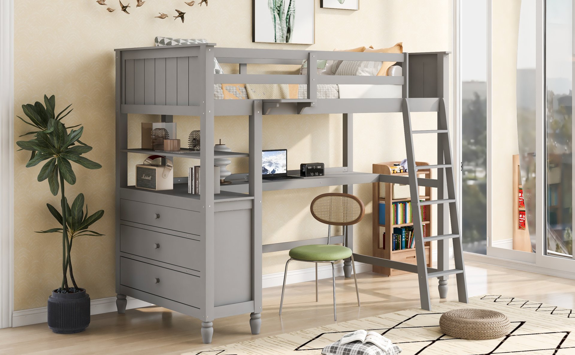 Twin Size Loft Bed With Drawers And Desk, With Shelves - Gray - Image 3