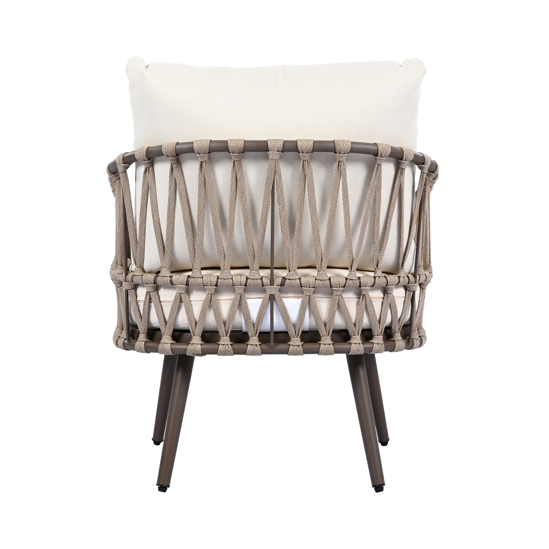 4 Piece Outdoor Patio Furniture Set, Metal Chairs With Woven Rope U Shaped Backrest, Outdoor Conversation Set With Thick Cushions And Coffee Table For Garden, Poolside, Balcony - Brown / Beige - Image 15