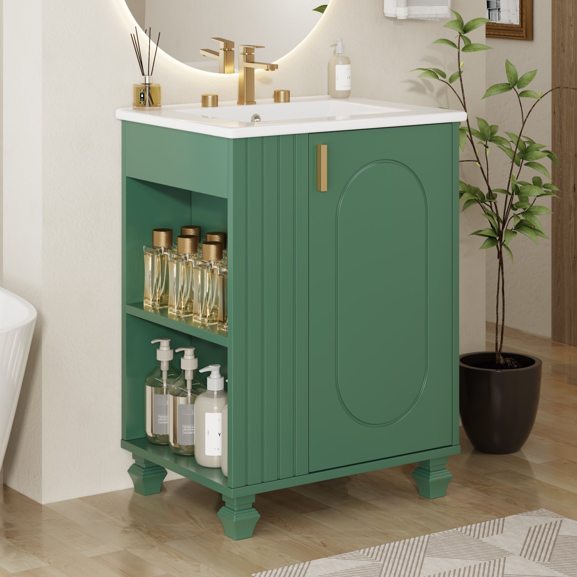 Classic Retro 24" Bathroom Vanity With Sink, Door Shelf, Side Open Storage Frame - Green - Image 4