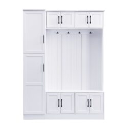 Tall Hall Tree With Shoe Storage, 4 In 1 Entryway Bench With 6 Cabinets, 4 Coat Hooks & Adjustable Shelf For Hallway - White