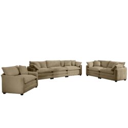 Oversized Sectional Sofa With Deep Seats In Corduroy 3 Piece Set With 1 Single 2 Seater And 3 Seater Sofas - Tan