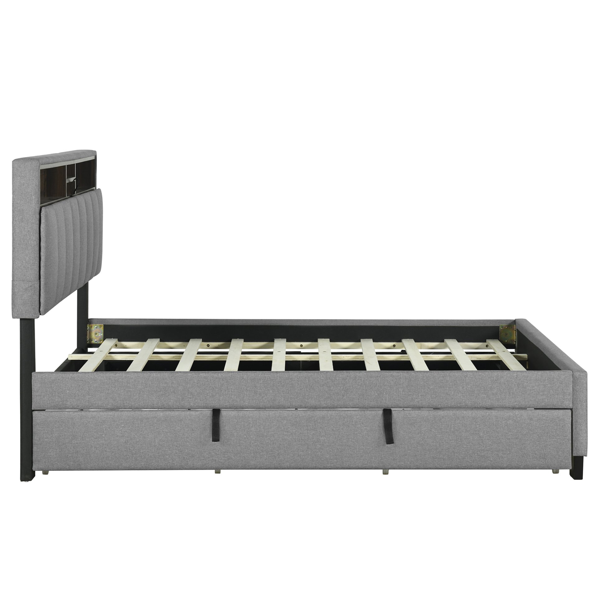 Full Size Upholstered Platform Bed With Storage Headboard, Twin Size Trundle & 2 Drawers And A Set Of Sockets & USB Ports - Gray - Image 12