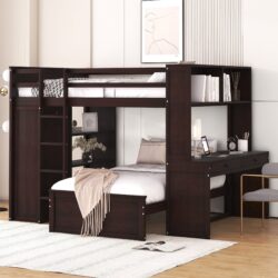 Full Size Loft Bed With A Twin Size Standalone Bed, Shelves, Desk, And Wardrobe - Espresso