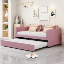 Twin Size Upholstered Daybed With Ergonomic Design Backrest And Trundle - Pink