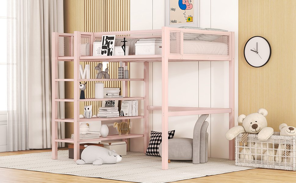 Twin Size Loft Bed With 4 Tier Shelves And Storage - Pink - Image 12