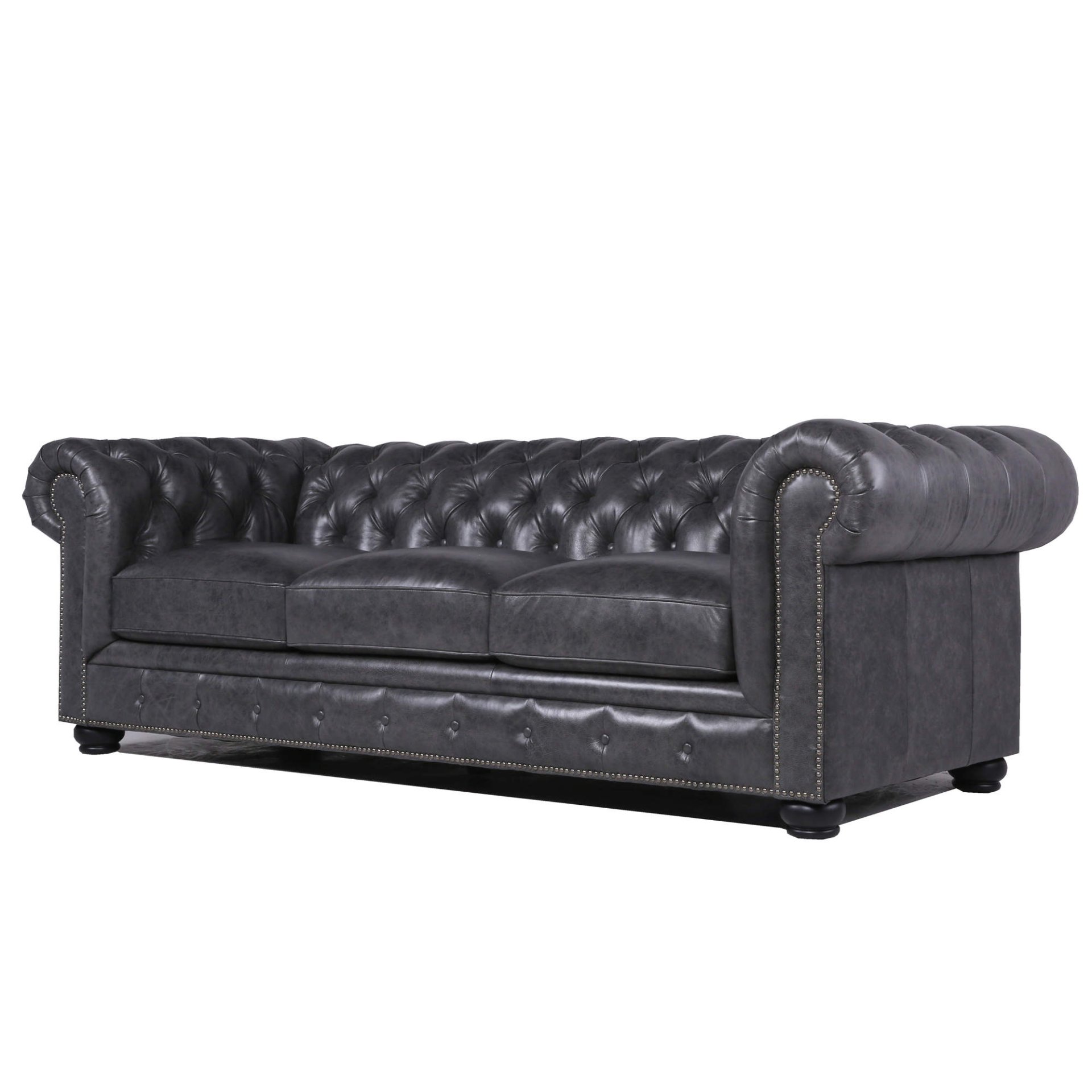 Traditional Tufted Leather Chesterfield Nailhead Sofa - Gray - Image 3