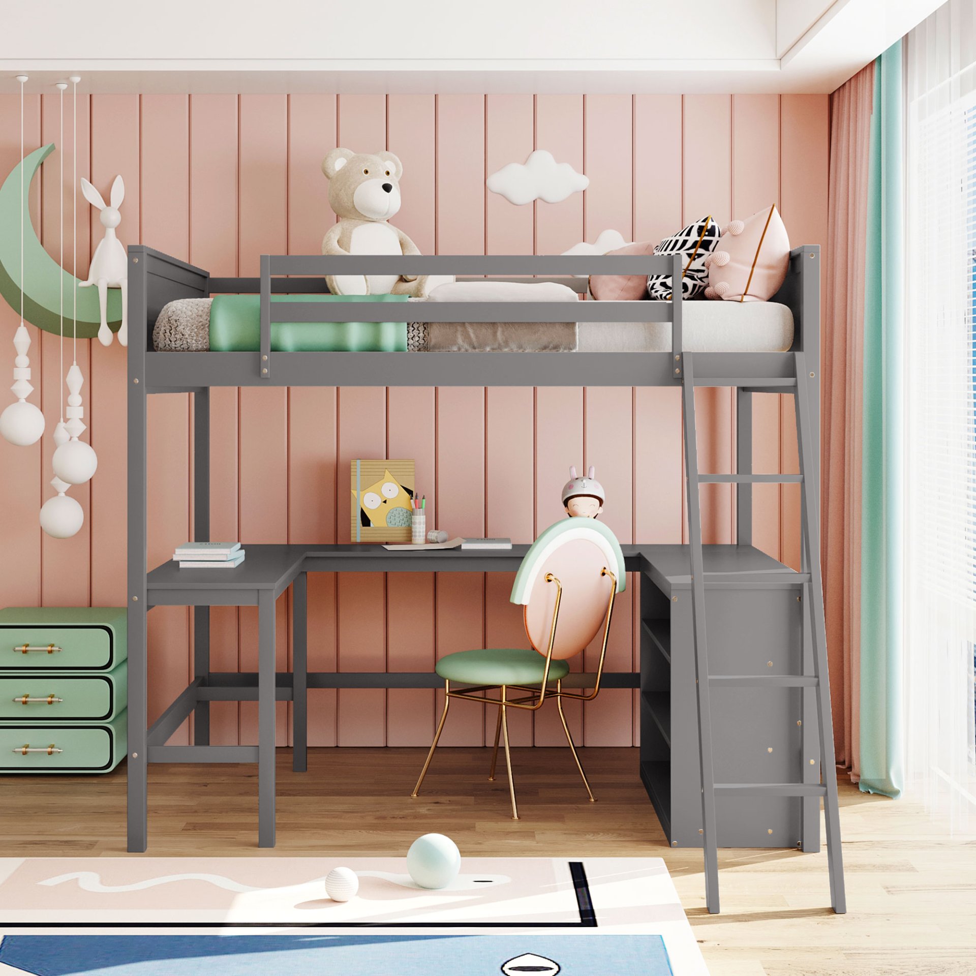 Full Size Loft Bed With Shelves With Desk - Gray - Image 2