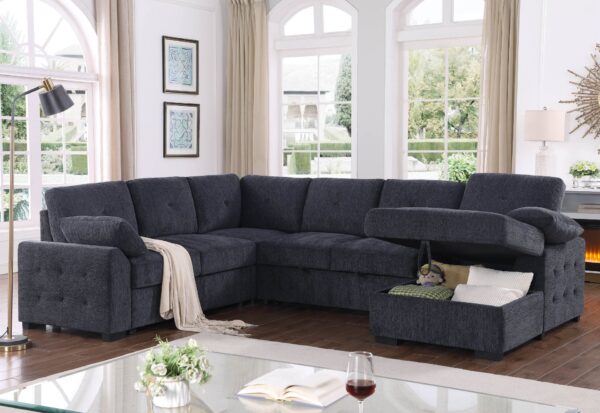 Nyhan - Upholstered Corner Sectional With Pull Out Loveseat And Storaged Chaise - Dark Gray
