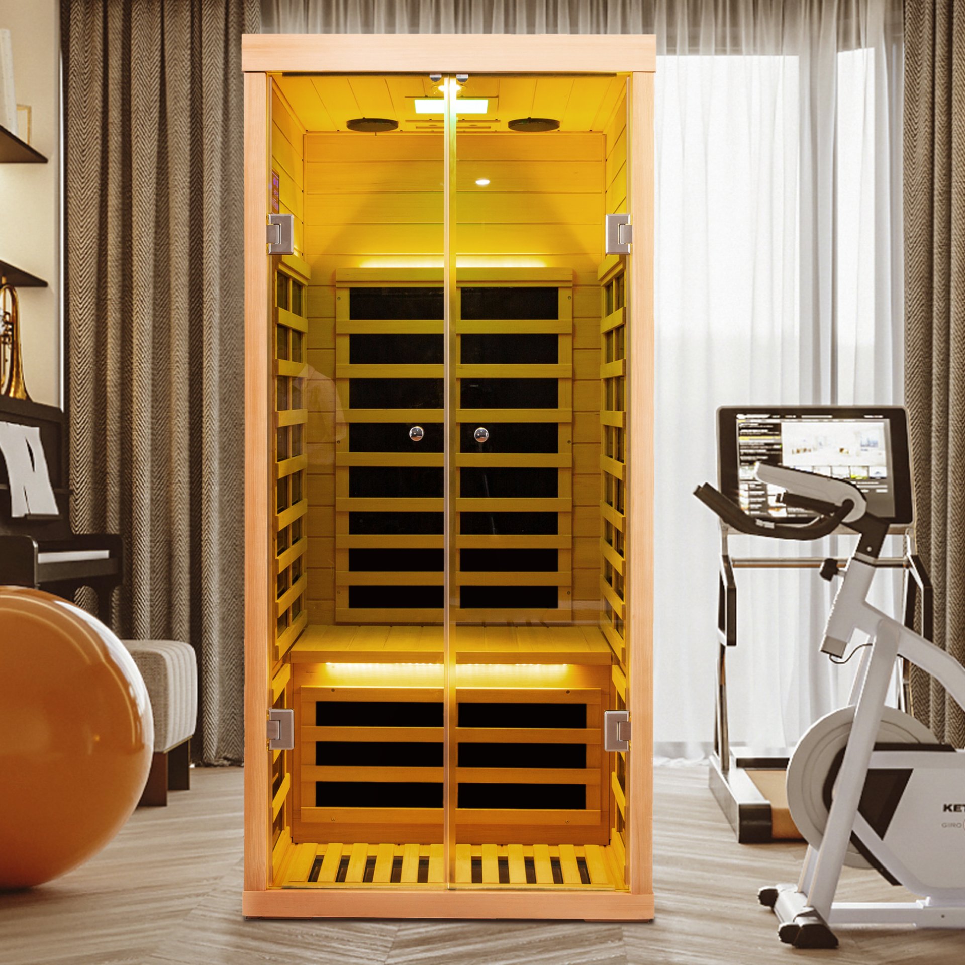 Low Emf 1 Person Wide Space Hemlock Double Doors Great Glass Luxury Indoor Far Infrared Sauna Room - Natural Wood - Image 8