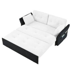 Modern Convertible Sleeper Sofa Bed With Pull Out Queen Design, Side Storage & Thick Cushions Chenille Loveseat For Living Room Or Bedroom 3 In 1 Function - - White