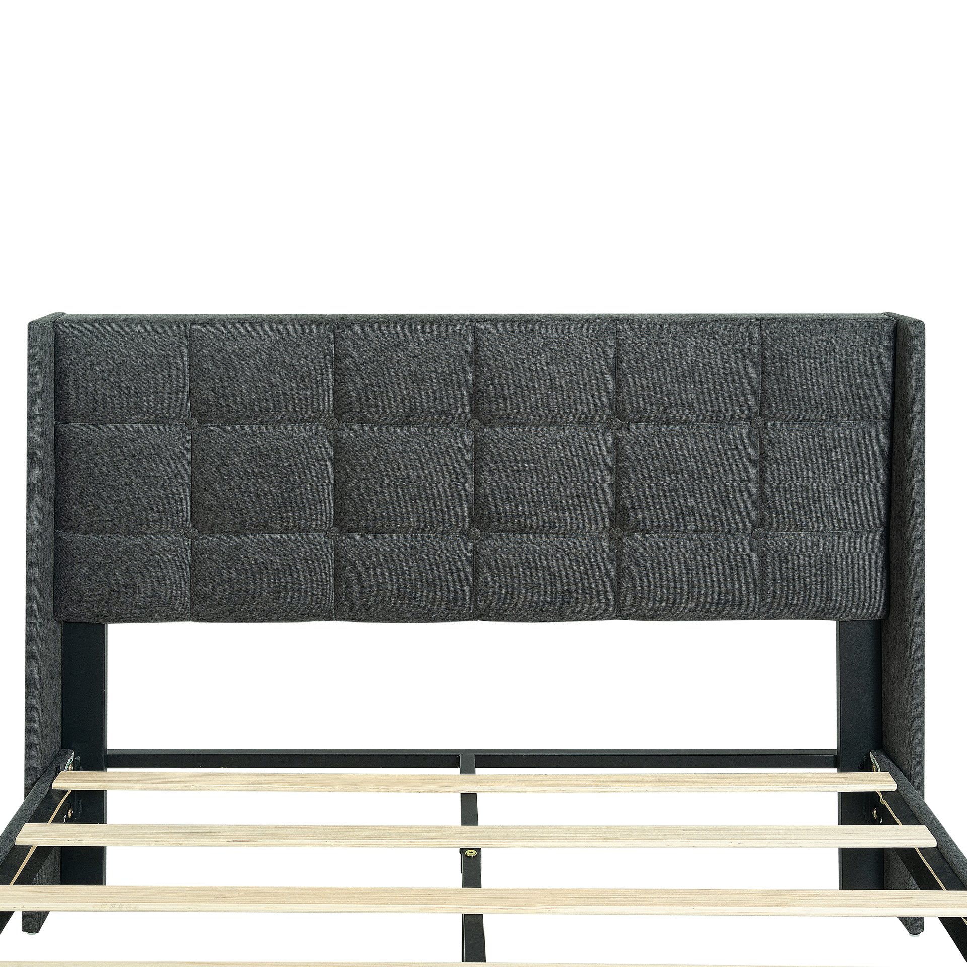 Queen Size Upholstered Platform Bed Frame With Button Tufted Linen Fabric Headboard - Dark Gray - Image 6