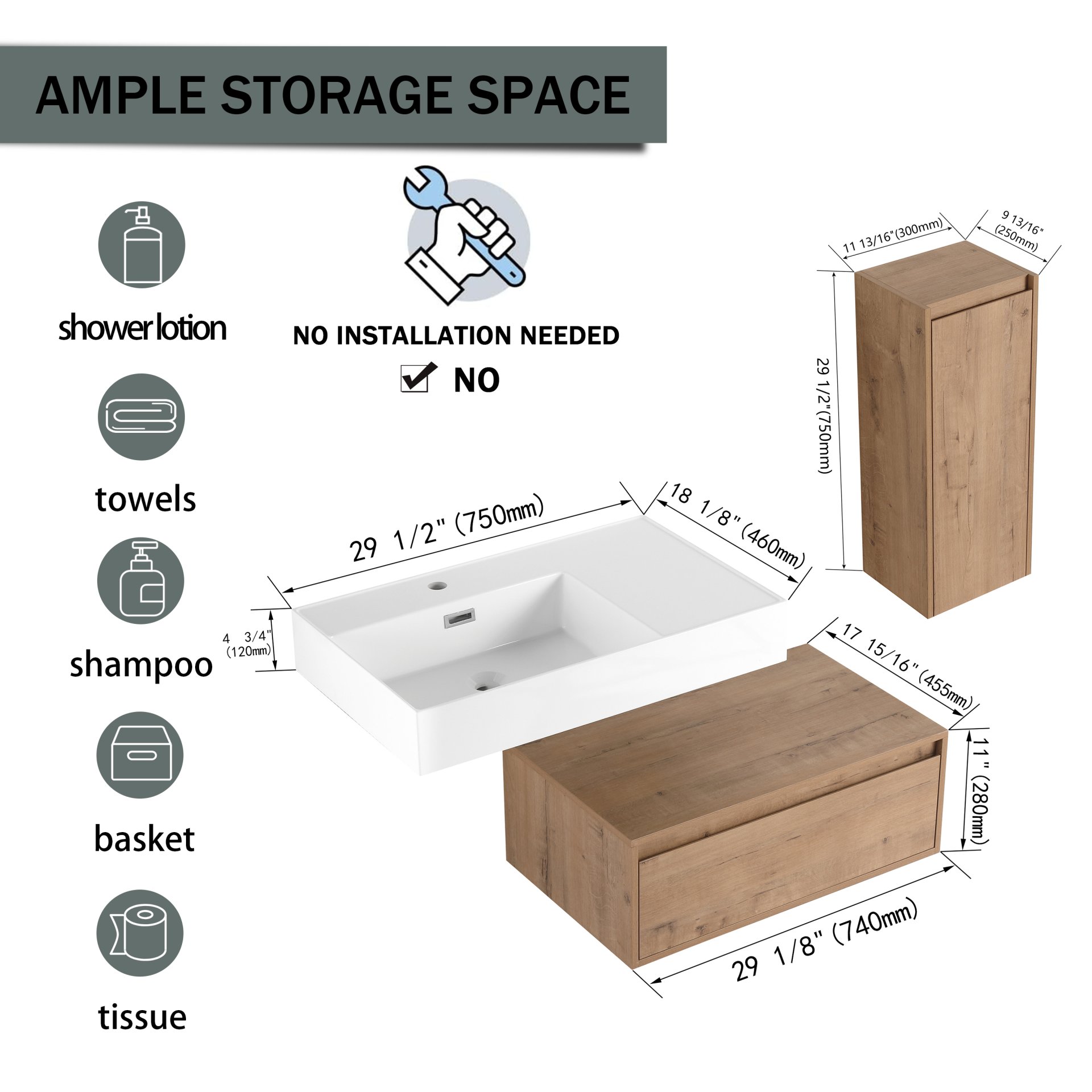 Modern Wall Mounted Bathroom Vanity With Resin Sink And Side Cabinet, Soft Close Drawer, Imitative - Imitative Oak - Image 6