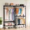 Heavy Duty Rolling Clothes Rack With 3 Tier Shelves, 2 Rails & Side Hooks, Adjustable Freestanding Organizer Metal - Black - Image 10