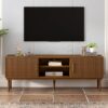 TV Stand With Vertical Slatted Doors And Sliding Panels, Solid Wood Legs - Brown - Image 2