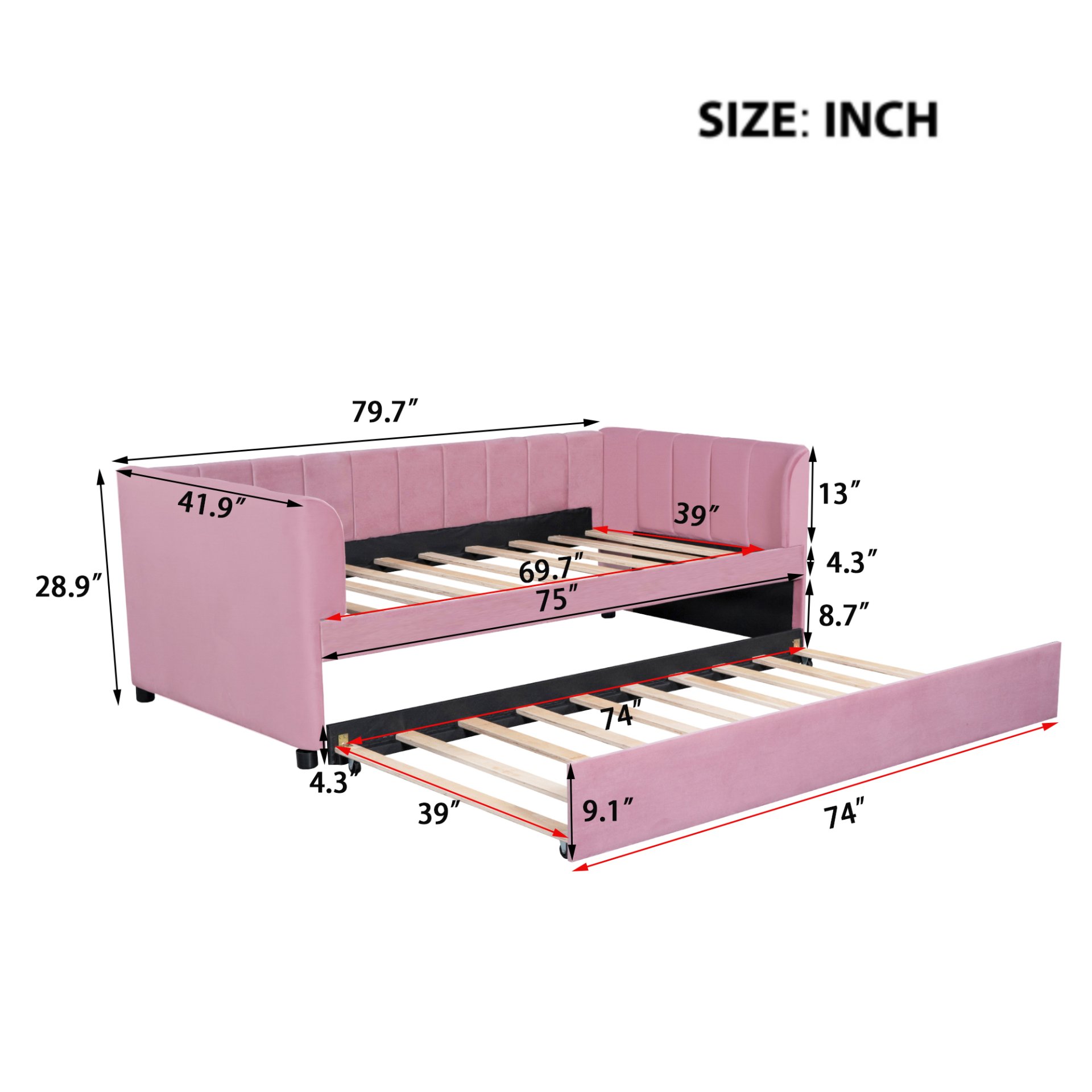 Twin Size Upholstered Daybed With Ergonomic Design Backrest And Trundle - Pink - Image 7