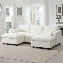 Modular Sectional With Storage Pockets, 5 Seat U Shaped Couch Set With Pillows Free Combination Modern Cloud Sofa With 2 Movable Ottoman - White
