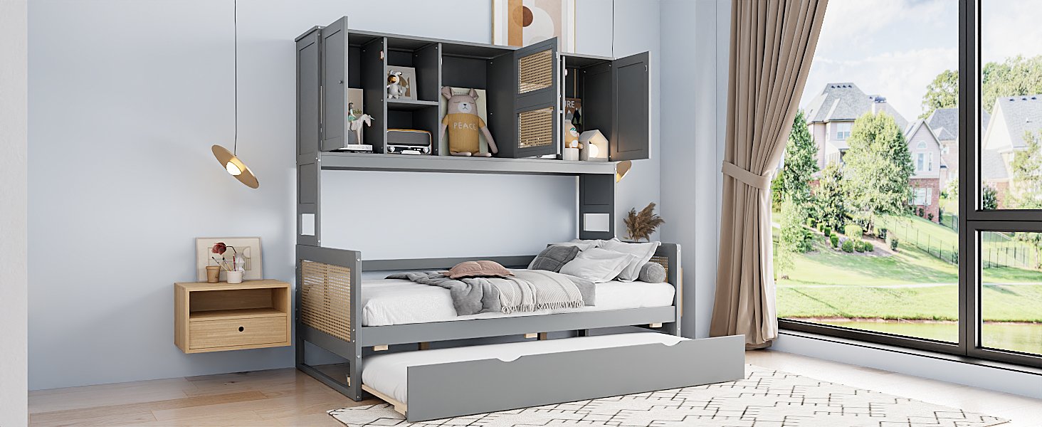 Twin Size Wooden Daybed With Twin Size Trundle, And All In One Cabinet And Shelf - Gray - Image 6