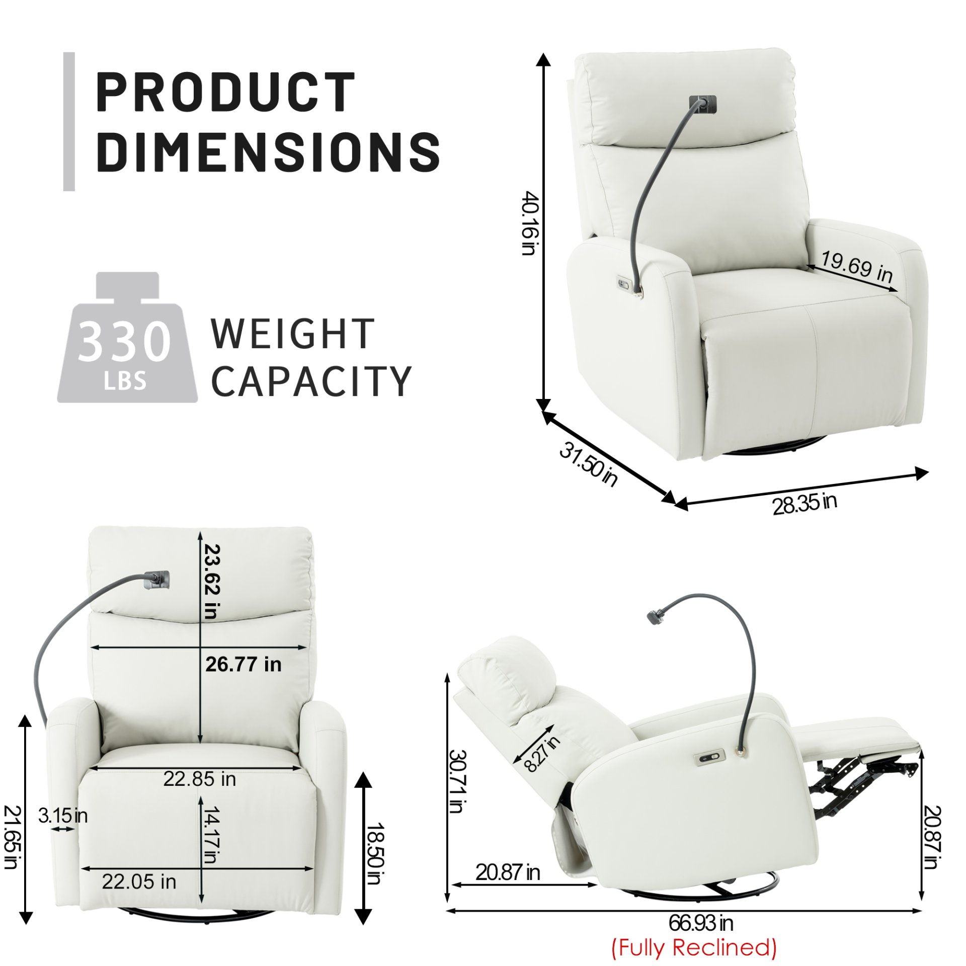 31.5" 270 Power Swivel Rocker Recliner Chair, Electric Glider Reclining Sofa With USB Ports, Power Swivel Glider, Rocking Chair Nursery Recliners For Living Room Bedroom - Light Gray - Image 10