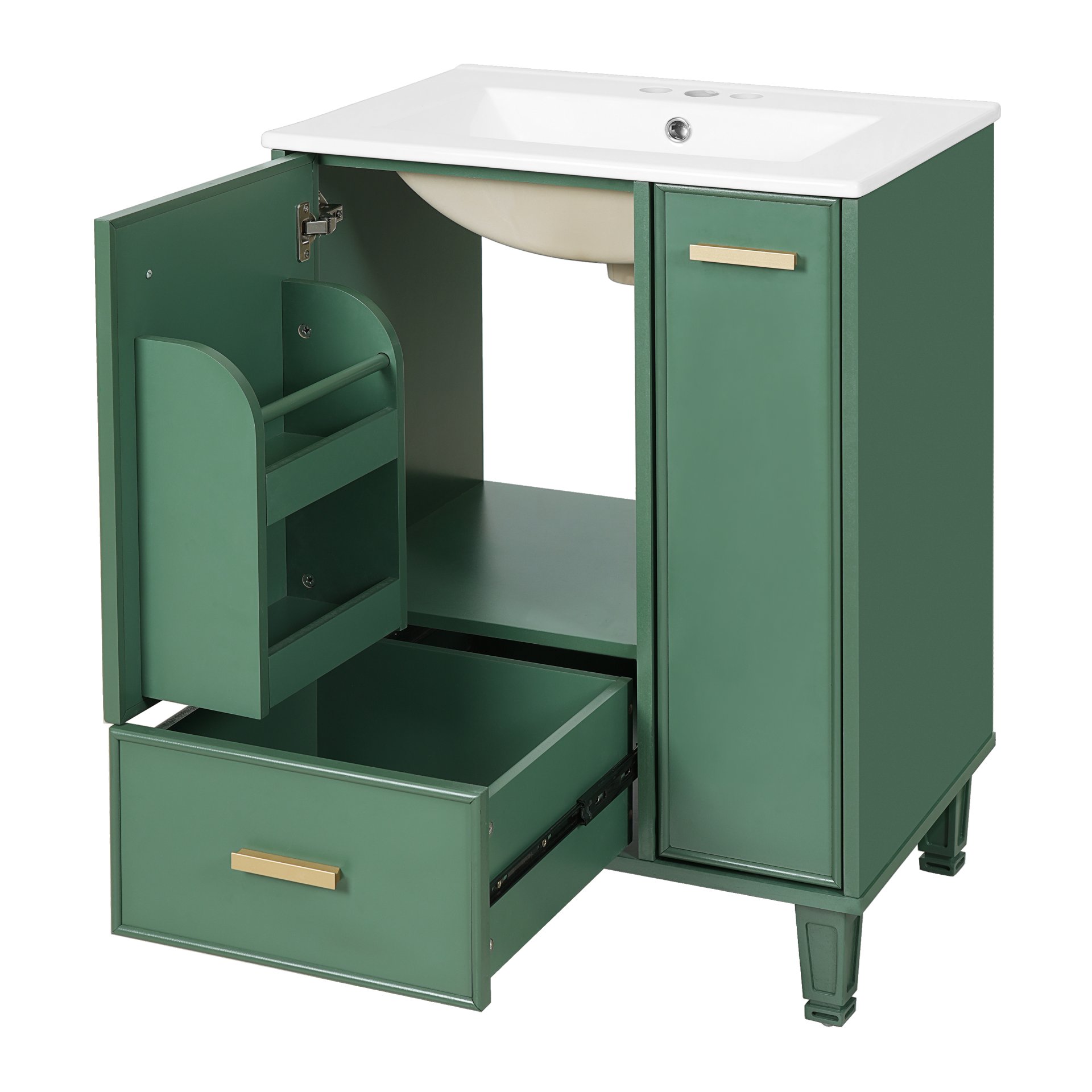 Solid Wood And 24" Bathroom Vanity With Sink, Deep Drawer, Door Shelf, 2 Tier Basket - Green - Image 17