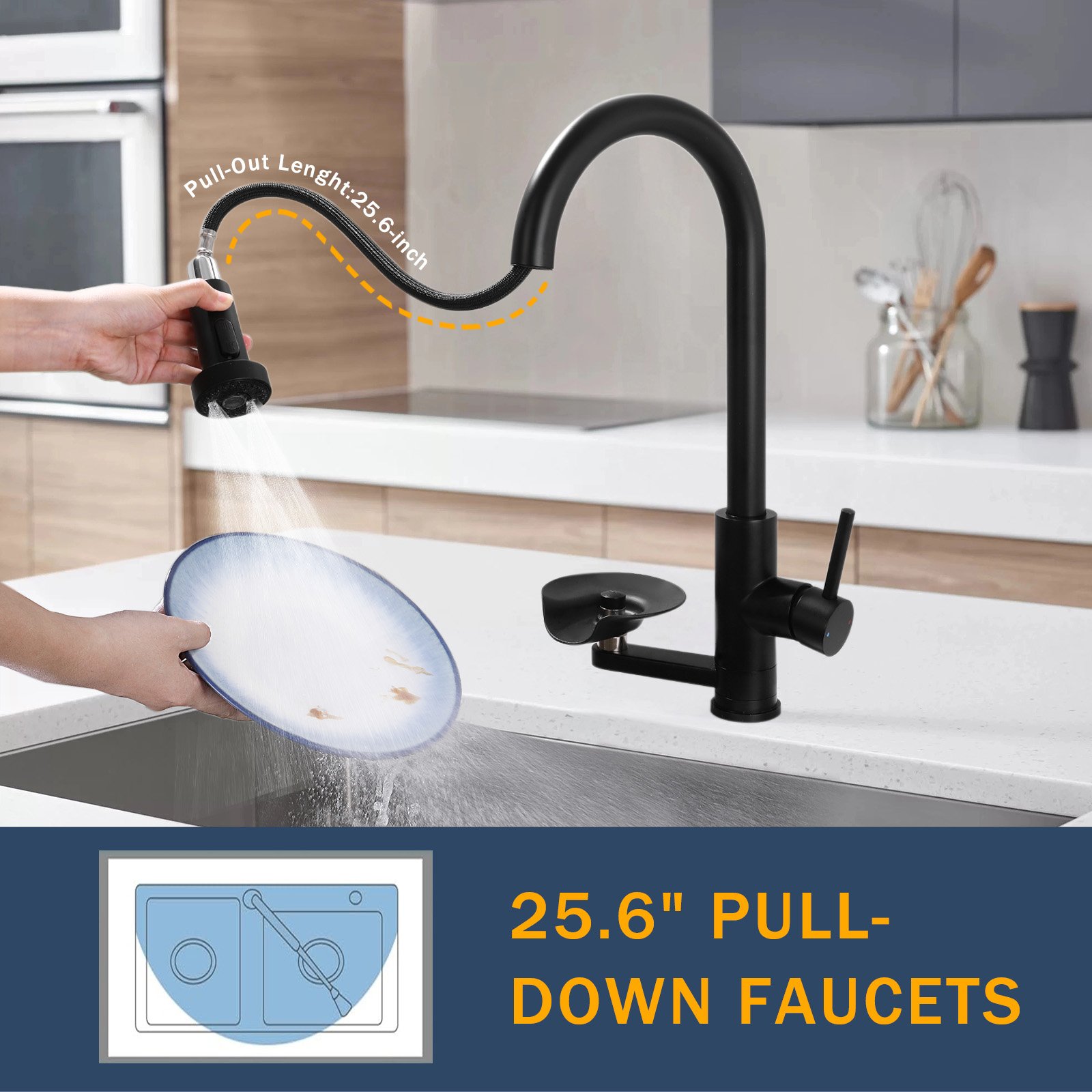 3 In 1 Kitchen Faucet With Press Type Glass Rinser, High Arc Pull Down Sprayer, 3 Function Spray Mode - Matte Black - Image 5