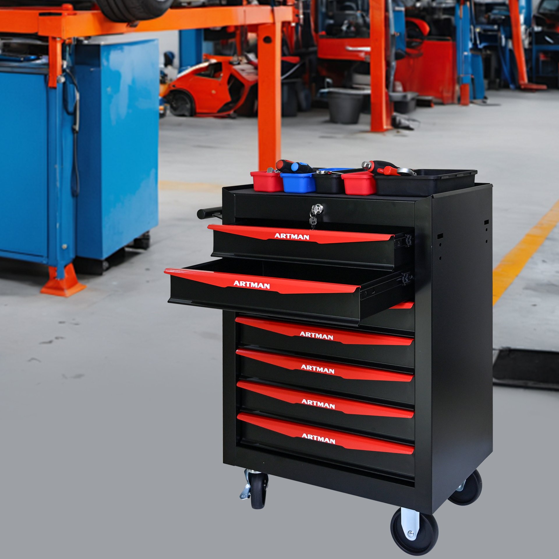 Rolling Metal Tool Chest With 7 Drawers, Steel Storage Cabinet With Ball Bearing Slides - Black / Red - Image 13