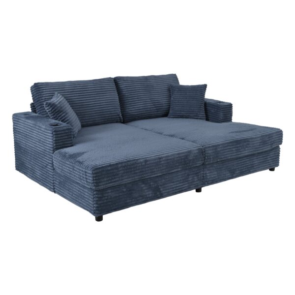 Oversized Loveseat Chaise Lounge Sectional Sofa Bed Corduroy Sleeper Sofa With 2 USB Ports, 2 Cup Holders And 2 Throw Pillows For Living Room And Bedroom - Blue