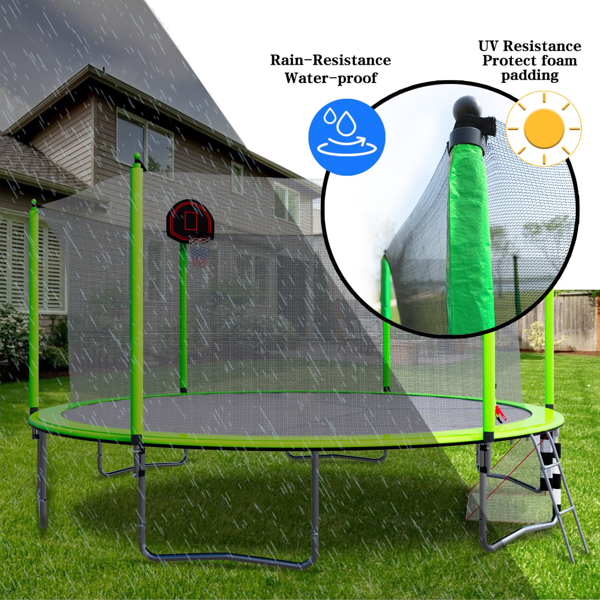 16Ft Trampoline With Basketball Hoop Pump And Ladder (Inner Safety Enclosure) With Soccer Goal - Green - Image 4