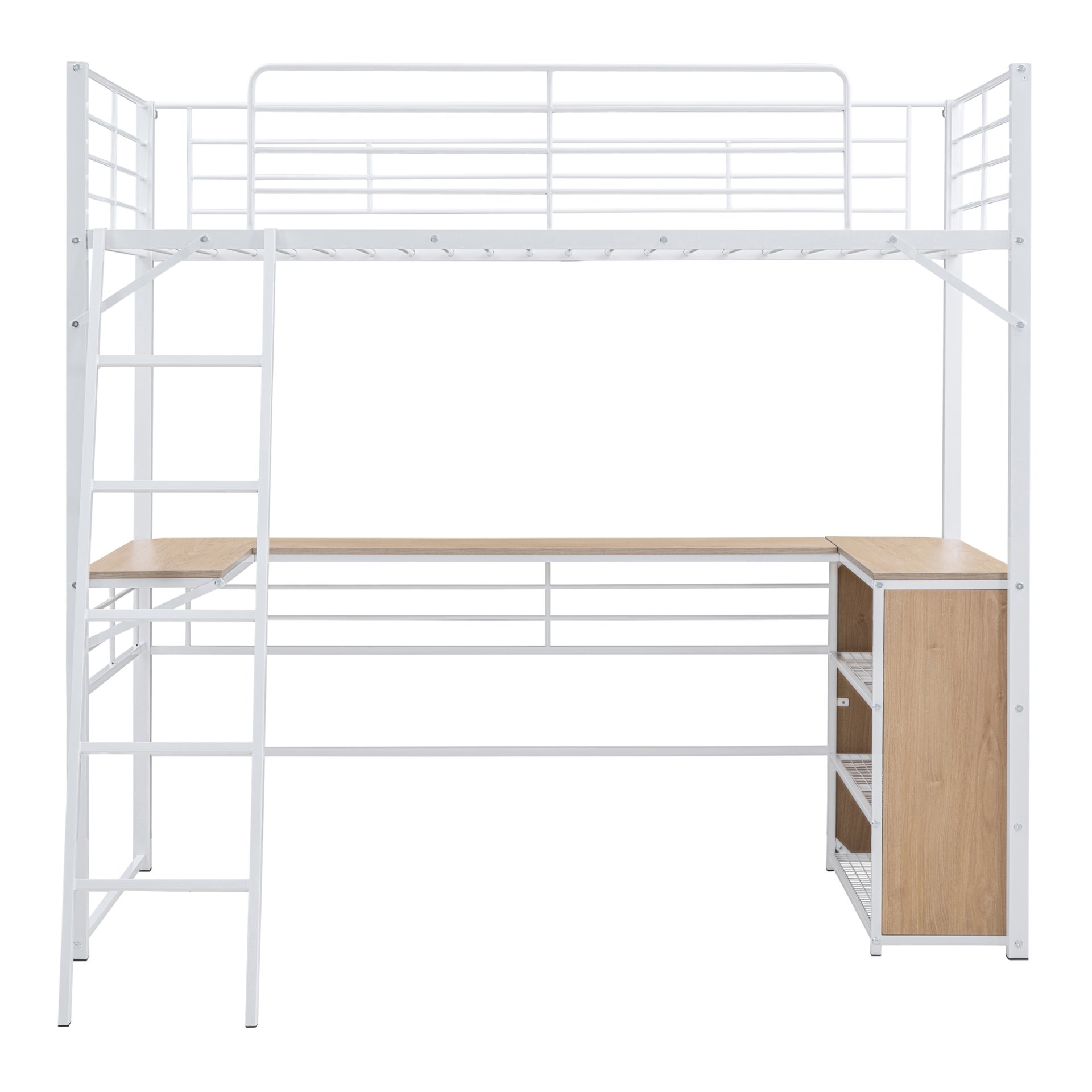 Twin Size Loft Bed With 3 Layers Of Shelves And L-Shaped Desk - White - Image 3