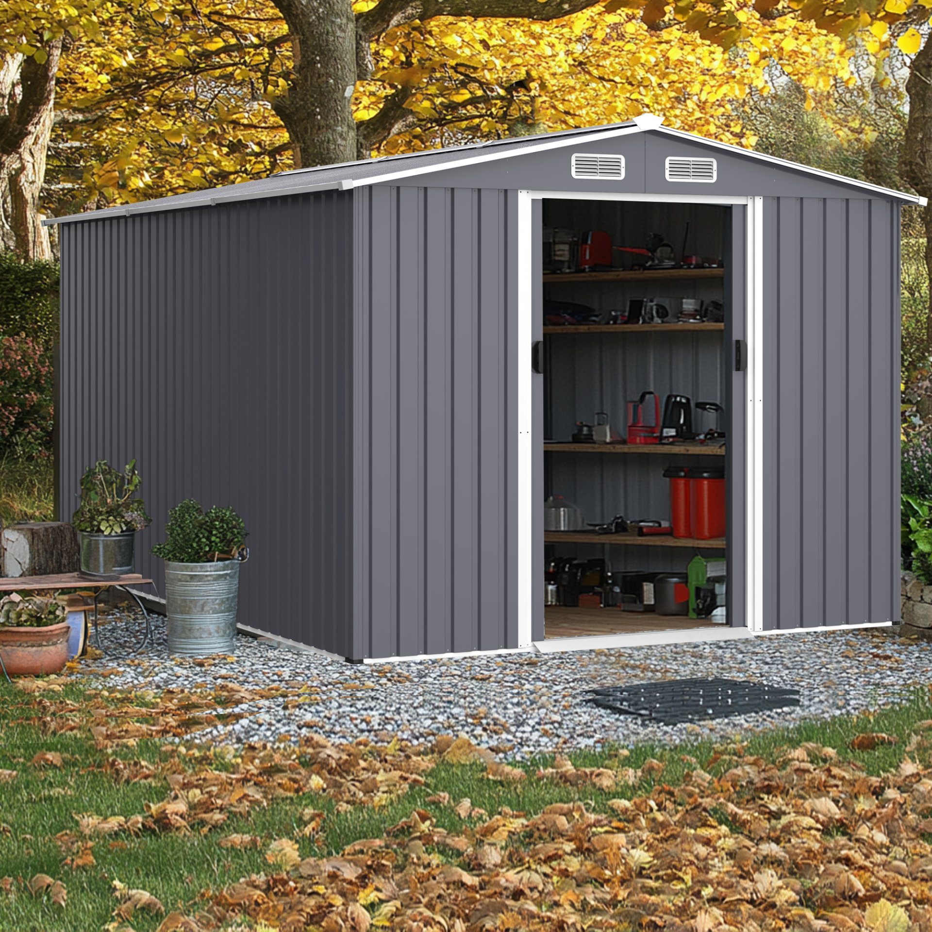 Outdoor Storage Shed 8 2 Ft Large Metal Tool Sheds Heavy Duty Storage House With Sliding Doors And Air Vent For Backyard Patio Lawn To Store Bikes Tools Lawnmowers - Gray - Image 5