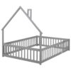 Full House-Shaped Headboard Floor Bed With Fence - Gray - Image 10