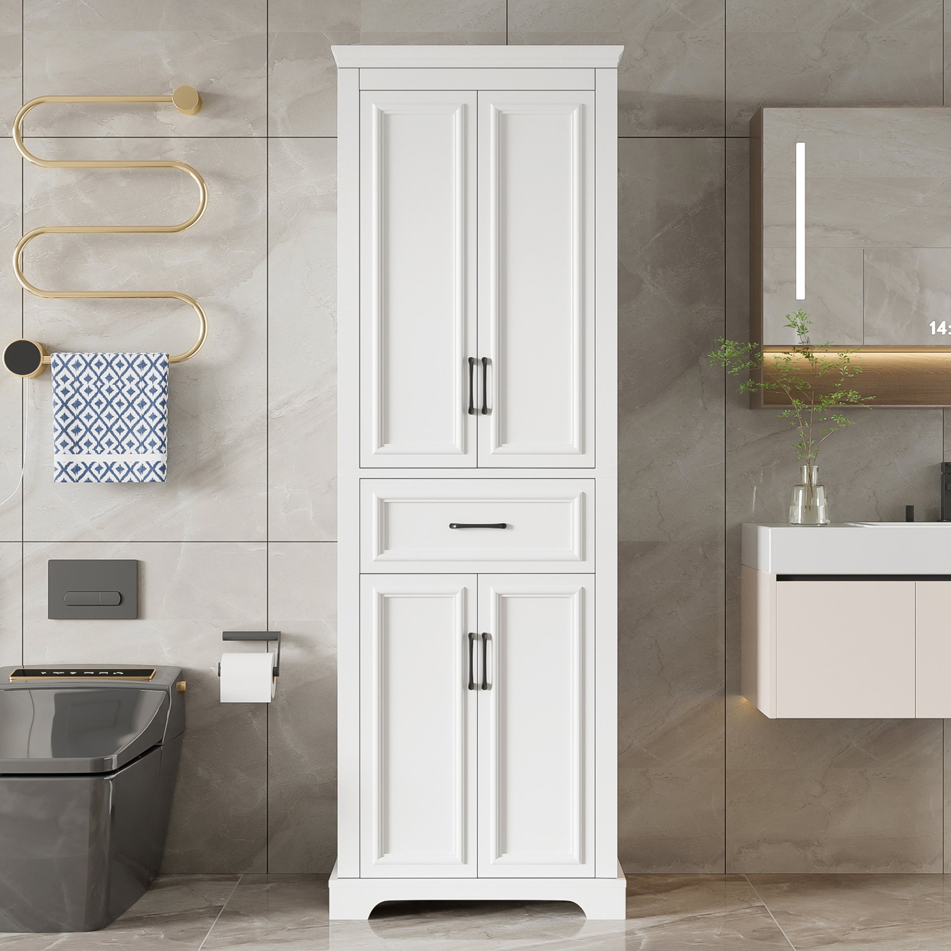 Freestanding Bathroom Vanity, Elegant Design With 4 Doors & 1 Drawer, Adjustable Shelves, Damping Hinges - White - Image 2