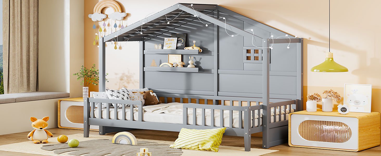 Twin Size House Bed With Shelves, Window And Sparkling Light Strip On The Roof - Gray - Image 22