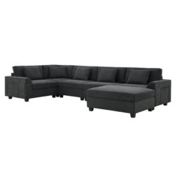 U Shaped Sectional Sofa 6 Seat Couch Set With Oversized Ottoman, Hidden Armrest Storage And Cup Holders USB Charging Ports Wide Seat Sofa - Black