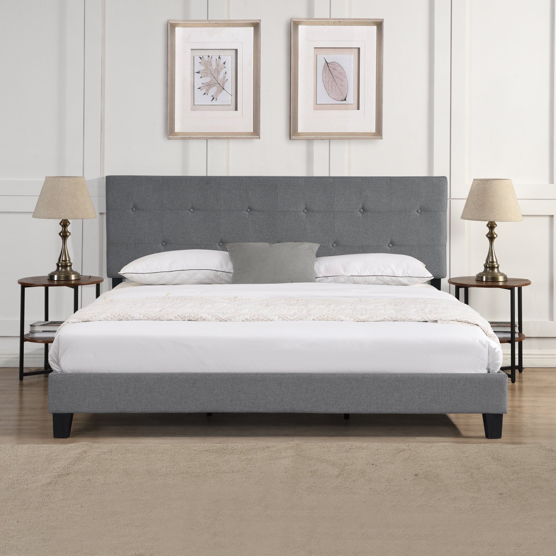 King Size Contemporary Upholstered Platform Bed Frame With Button Tufted Linen Fabric Headboard, Wood Slat Support - Gray - Image 4