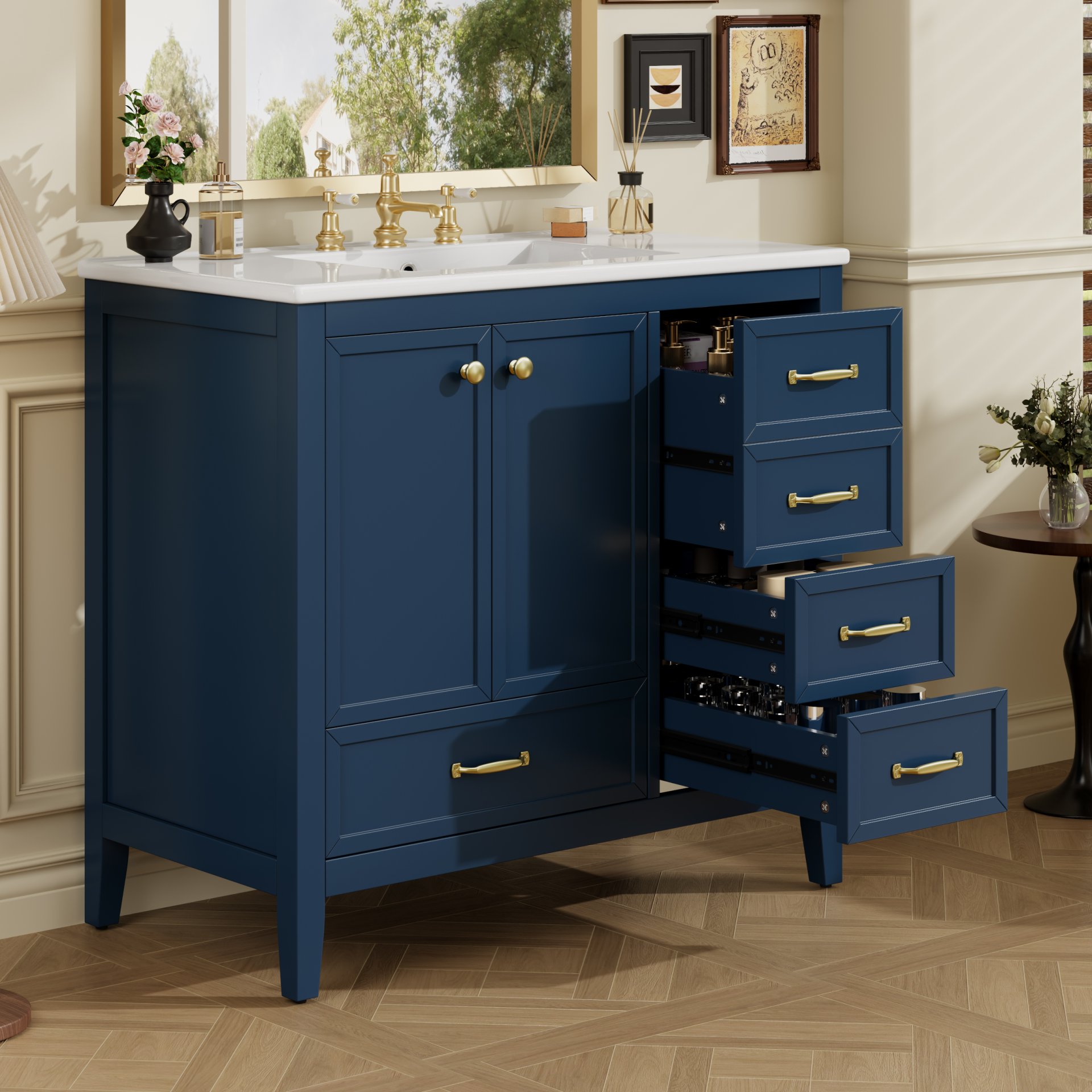 Elegant Vintage 36" Bathroom Vanity With Sink, Soft Closing Door, 4 Drawers Of Different Sizes Frame And Leg - Blue - Image 5
