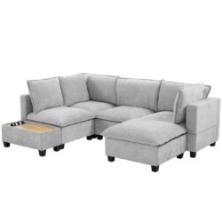 U - Shaped Sectional Sofa Modular Sofa Couch With A Movable Ottoman, A Coffee Table With Hidden Charging Devices For Living Room - Gray