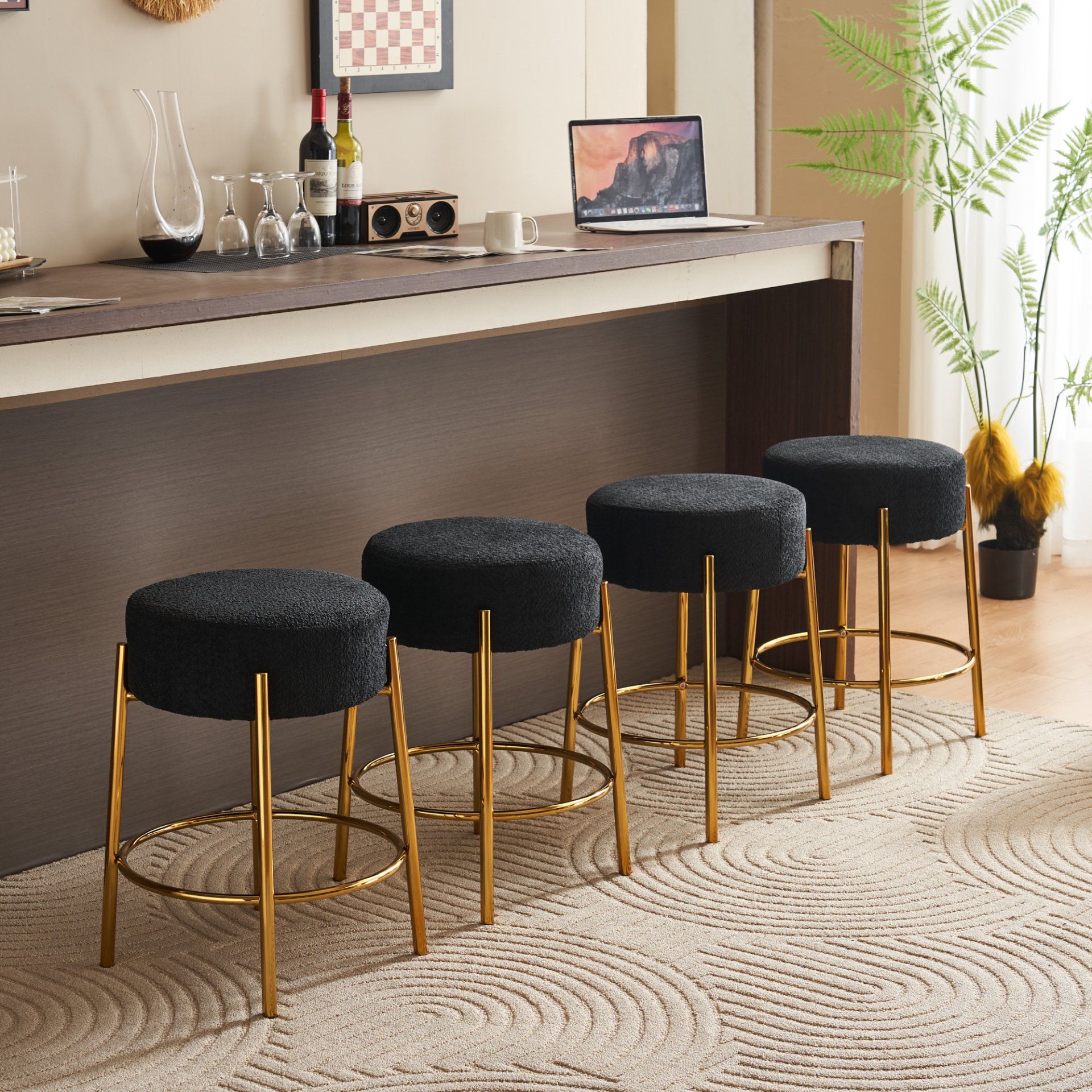 Round Bar Stools (Set of 2), Contemporary Upholstered Dining Stools For Kitchens, Coffee Shops And Bar Stores - Black / Gold - Image 5