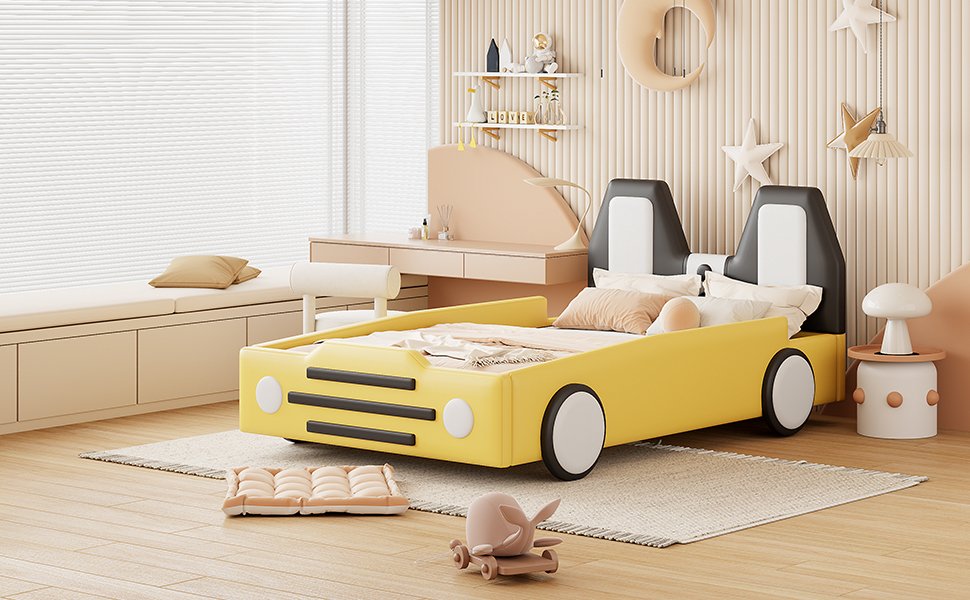 Twin Size Race Car Shaped Platform Bed With Wheels - Yellow - Image 11