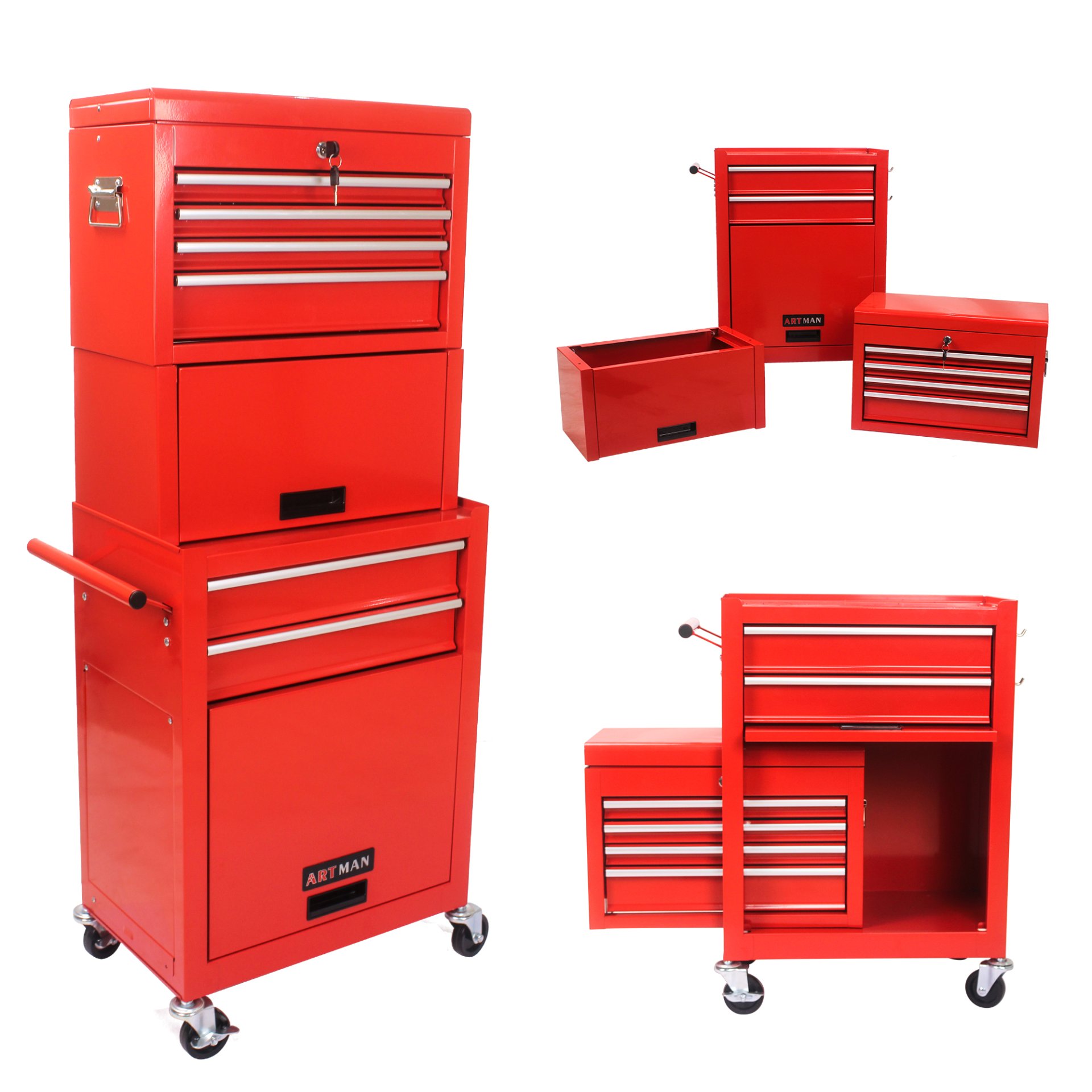 6 Drawer Lockable Tool Cabinet On Wheels Steel Rolling Tool Chest With Detachable Toolbox, 2 In 1 Garage Workshop Storage Organizer With 4 Universal Casters - Red - Image 6