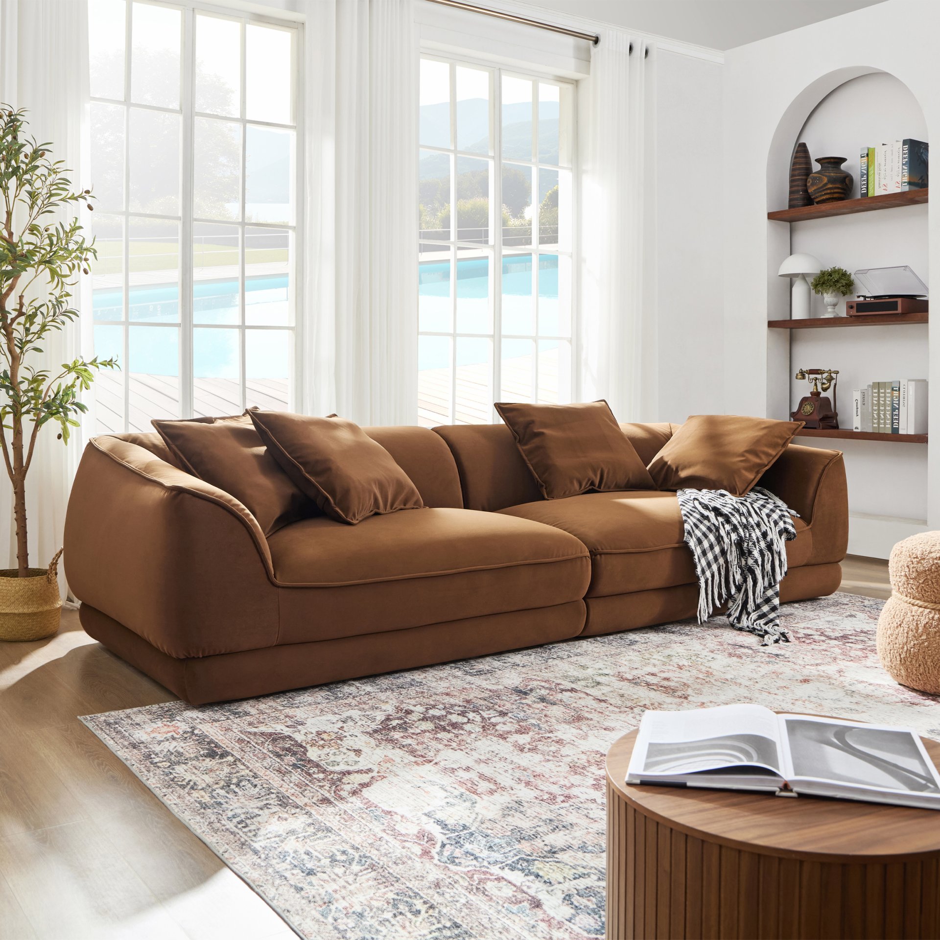 Nordic Modern Sofa With Detachable Pillowcase, French Velvet Fabric, Solid Wood Frame, High Density Sponge Filling - Camel - Image 2