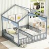 Double Twin House-Style Floor Bed With Fence, Guardrails, Without Door - Gray - Image 2