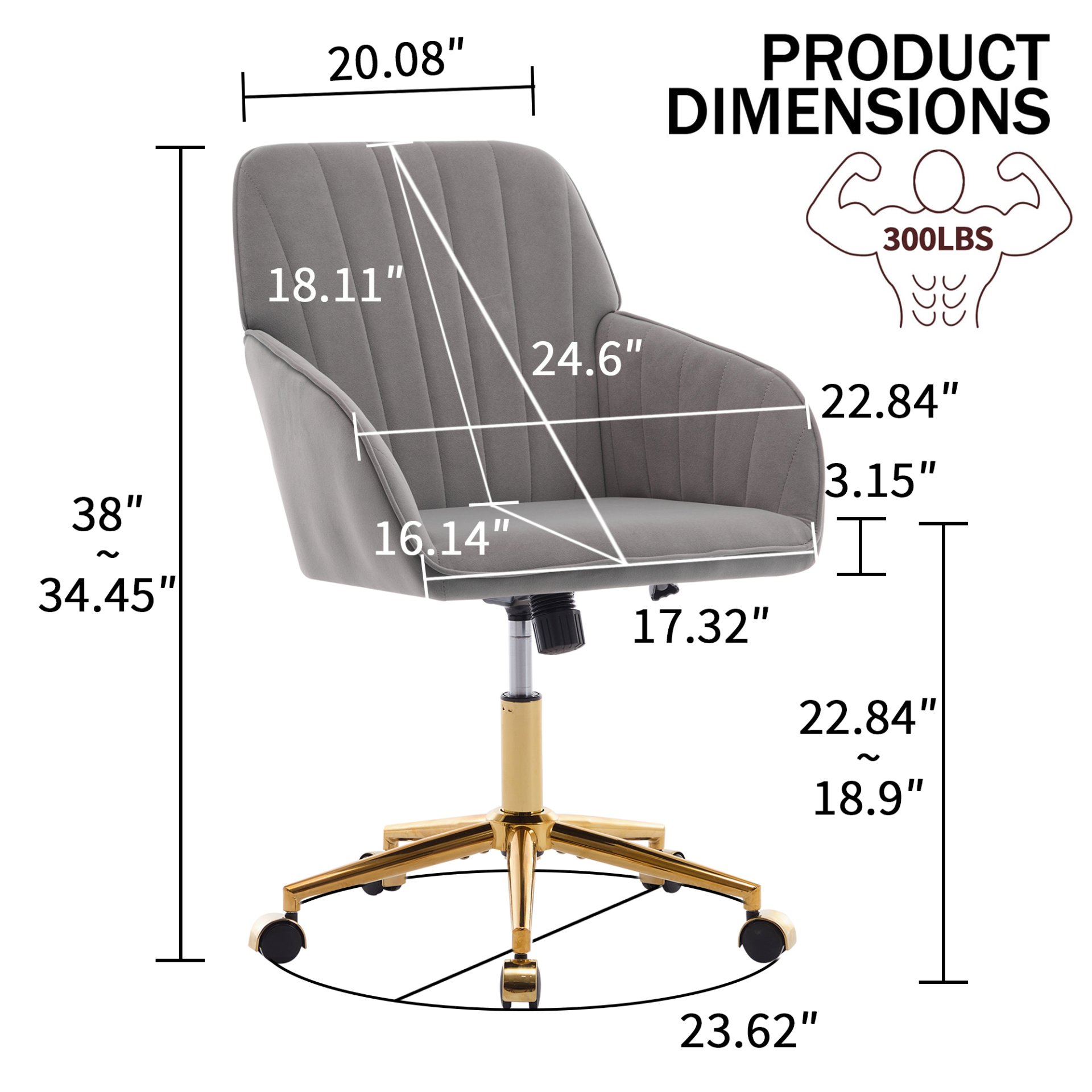 Adjustable Office Chair, Ergonomic Swivel Chair Velvet, Comfortable For Long Sitting - Gray - Image 10