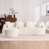 Compression Sofa: Combining Chaise Longue With 3 Seater, Wood Grain Chenille Fabric, Full Sponge Compression Sofa, Combined Sofa With 4 Pillows For Living / Home Furniture / Apartment - White - Image 4