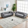 Chesterfield Velvet Upholstery Fabric Sofa With Roll Armrest & Nailhead, Mid Century Modern 3 And 3 Seater Couch - Gray - Image 4