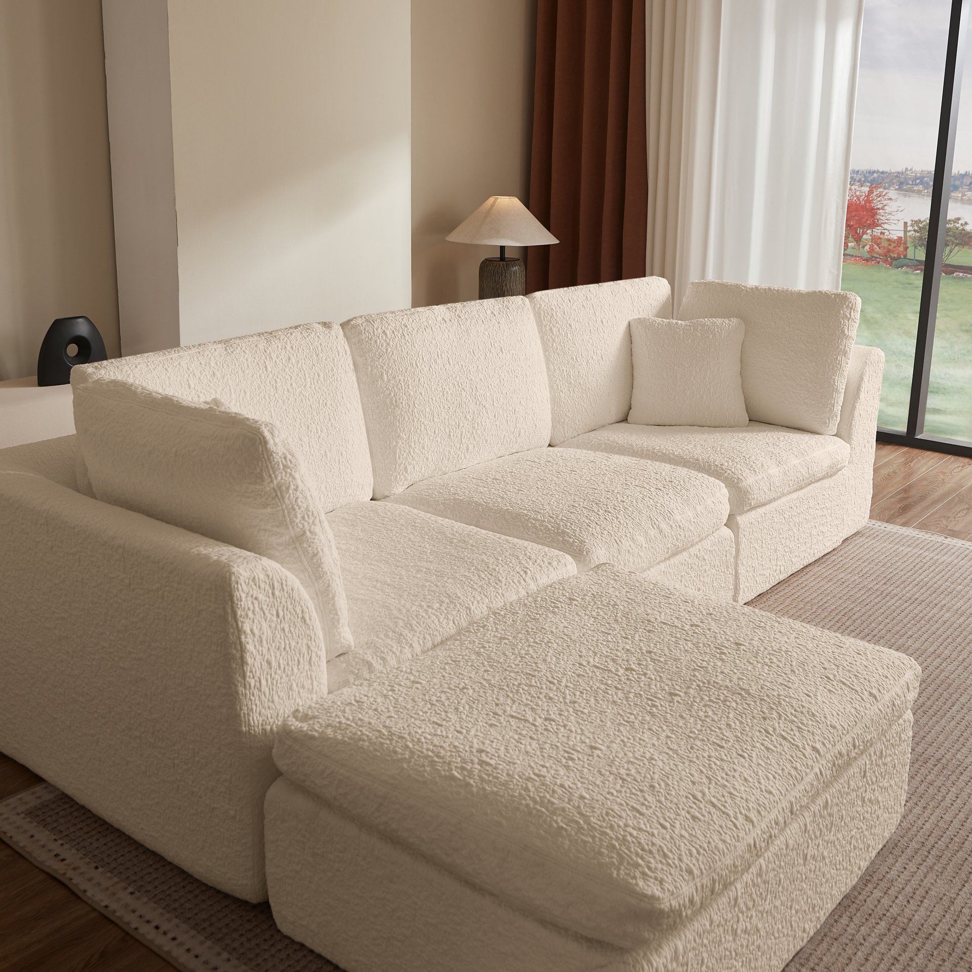 Cloud L Shape Modular Sectional Sofa With Ottoman, 3 Seater Convertible Couch - Beige - Image 9